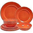 ZAROCRUS Rustic Melamine Dinnerware Sets, Farmhouse Dishes Set for 4, Lightweight 12 Piece Kitchen Plates and Bowls Set for Indoor and Outdoor Use, Dishwasher Safe, Orange