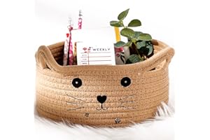 Zopeal Cat Storage Basket Woven Organizer with Ears Decorative Pet Toy Cute Bin Cotton Rope Basket for Gift Cat Dog Toy Container Nursery Room(8.3 x 4.7 Inch,Khaki)