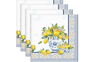 Arquiel Lemon Napkins, 45 cm x 45 cm Yellow Blue Dinner Cloth Napkins Set of 4, Washable Cotton Soft Absorbent Square Napkins for Dining Kitchen Party Wedding Decoration