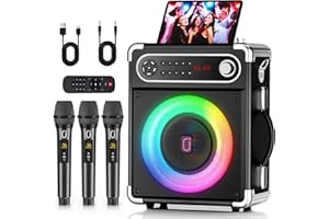 HWWR Karaoke Machine with 3 Wireless Microphones for Adults, Portable Bluetooth Karaoke Speaker with Bass/Treble Adjustment, PA System with Echo Effect, Support TF Card/USB/AUX/FM/REC/TWS