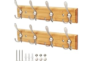 GlazieVault Coat Hooks for Wall - 4 Matt-Nickel Triple Bamboo Wooden Coat Racks (2 Pack) - Heavy Duty Coat Hooks Wall Mounted - Satin Nickel Hooks Wall Hanger and Clothes Hooks (Wooden Nickel)
