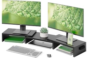 BONTEC Justerbart Dubbelt Bildskärmsstativ i Trä – Ergonomisk Stigare med Mobilhållare & Kabelhantering för 2 Skärmar, Förlän