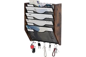 Senhoglb Mesh Hanging Wall File Organizer, 5-Tier File Holder Wall Mounted Magazine Rack with Hooks Wood Document Storage Mail Organizer for Office Home, Antique Brown