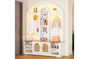 Gxffipw Garderobe Set Garderobenset Hoch 195 cm mit LED Licht und Sitzbank, Garderobenschrank Flurgarderoben Set mit Haken und Schuhschrank, Kompaktgarderobe mit Gebogenes Design, Flur Möbel, Weiß