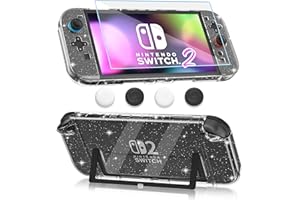 FANPL Clear Glitter Case for Nintendo Switch 2 (2025), Dockable Protective Cover for Switch 2 and Joy Con Controller with Screen Protector 4 Thumb Grip Caps - Strong and Durable, Not Easy to Fall Off