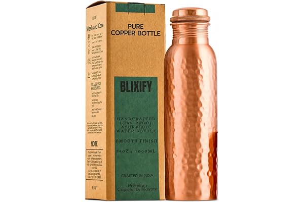 Kopparvattenflaska (1000 ml) handgjord ayurvedisk, 100% ren kopparvattenflaska för att dricka