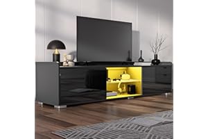 Blisswood High Gloss TV Unit – 160 Cm Black LED TV Stand Cabinet with 20-Colour RGB Lights with Remote, Glass Shelf, Stylish Tv Cabinet for Living Room Furniture, Suitable for 55–65” TVs