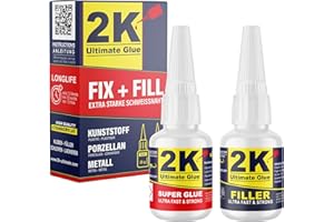 2K ultimate glue FIX + FILL Kleber extra stark für Kunststoff Gummi Stein Keramik Sekundenkleber/Superkleber - Kunststoff Reparaturset Super glue 2 komponenten Kleber Industriekleber (1 Set)