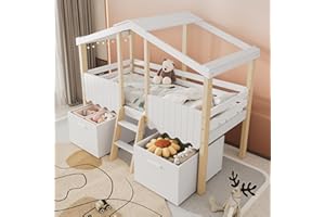 ModernLuxe Wooden Single Bed 3ft 90x190cm with Storage, Children's Bed with Safety Guardrail, Roof Frame Design, Pine Wood Frame & Particle Board, 2 Storage Boxes on Wheels, White & Natural