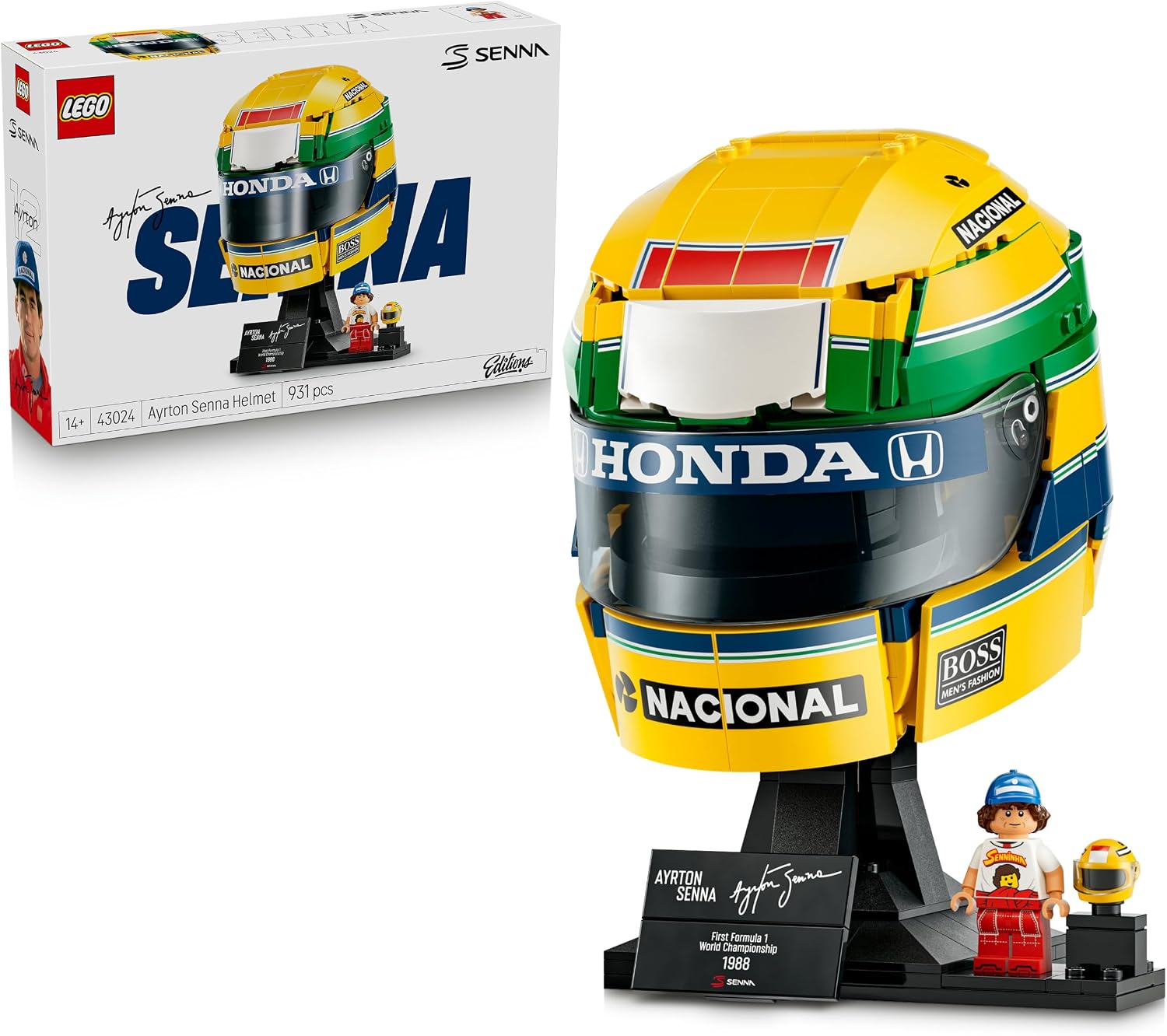 LEGO Editions Casque d’Ayrton Senna - Jeu de Construction - Maquette F1 - Décoration avec Minifigurine Collector - Cadeau pour Garçon dès 14 ans ou Adulte Fan de Sport Automobile 43024