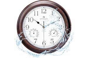 Lafocuse 30cm Horloge Murale Exterieure Etanche avec Thermomètre et Hygromètre, Vintage Acajou Pendule Murale Retro, Silencieuse Shabby Chic Deco pour Extérieur, Jardin, Balcon, Salle de Bain, Cuisine