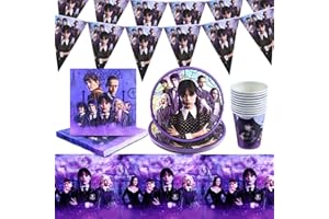 RUENIE 42 Pcs Mercoledì Stoviglie Compleanno, Piatti e Bicchieri Festa Mercoledì, Tovaglioli Mercoledì Addams, Tovaglia Plastica Mercoledì, Striscione Compleanno Mercoledì