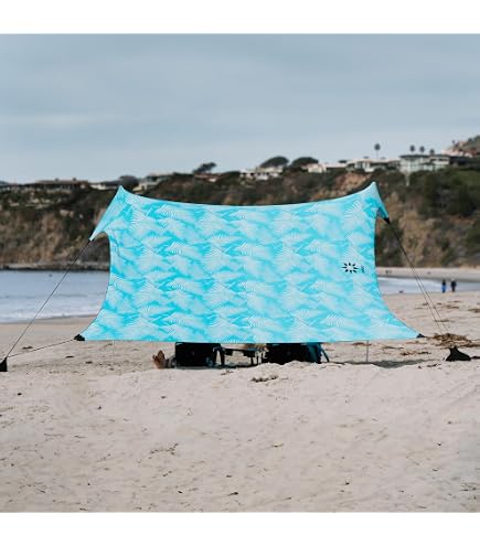 WEKAPO Tenda da spiaggia – Baldacchino da spiaggia con 4 pali allungati, grandi sacchi di sabbia e pala, altezza 1,8 m, parasole da spiaggia per vacanze in famiglia e campeggio, protezione UPF