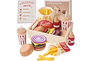 Smartwo Cibo Giocattolo per Bambini, Set di Legno per Hamburger e Patatine Fritte, Fast Food Playset, Alimenti Finto, Accessori Cucinetta, Giochi in Cucina per 2 3 4 5 6 Anni, Regalo Bambino