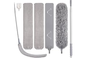 ‎WLICH Staubwedel Teleskop Waschbar, Staubwischer Mikrofaser mit 2 Biegbare Eckbesen Spalt-Staubreiniger 1 Edelstahl Teleskopstange für Reinigung Unter Sofa Möbeln Deckenventilator Spinnweben