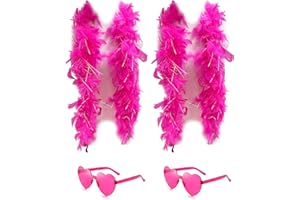 GRTLPOK db11 2 Pcs Feather Boas with Heart Rimless Sunglasses，4 ft Feather Boa Halloween Christmas Bachelor Party Pack Accessory (Hot Pink)