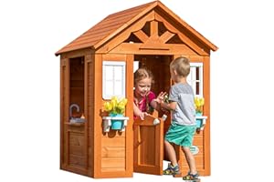 Backyard Discovery Timberlake 100% Cedar Wood Playhouse | Outdoor Garden Structure for Kids | Cubby House for Children | Toy Kitchen, Phone and Flowerpot Holders| For 2-7 Year Olds | Brown