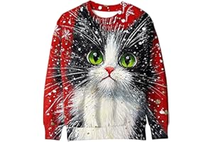 JIANGML Womens Christmas Jumper Cute Cat 3D Printed Pullover, Ladies Straight Shoulder Sweatshirt Xmas Funny Blouse Round Neck Shirt Christmas Novelty Tops Happy Holidays Clothing Winter Comfy Loose Jumpers