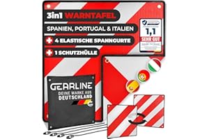 GEARLINE® 3-in-1 Warntafel für Italien, Spanien & Portugal [inkl. 4X Spanngurte & Schutzhülle] – ideal zur optischen Kennzeichnung bei Reisen – reflektierendes Warnschild für Heckträger [50x50 cm]