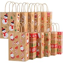 24 Pcs Christmas Kraft Gift Bags With Assorted Christmas Prints Fo...