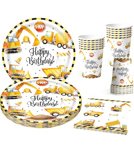DN DENNOV Lot de 90 Décorations pour Chantier de Construction d'anniversaire ,Pelleteuse,Décoration de Cantier,d'anniversaire d'enfant,Toppers,Nappe et Bannière pour 16 Invités