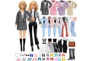 CARREUTY 16 vêtements pour poupées Paramètres Compatible avec Barbie, 3 Manteaux à Carreaux 2 Robes 1 Pantalon à Manches Courtes 2 Accessoires 2 Lunettes 6chaussures de poupée de 11,5 Pouces Cadeau aléatoire