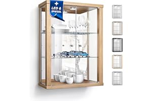 ‎K-MÖBEL K-Möbel Wandvitrine (80x60x25cm) - Made in Germany - Glasvitrine hängend mit 2 höhenverstellbaren Glasböden aus ESG, Spiegel & LED in Buche - Schrank mit Glastüren - Hängevitrine Glas
