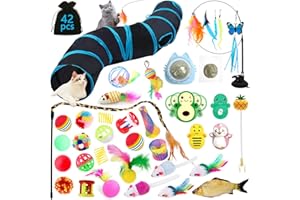 YUTUY Juguetes para Gatos, 42 Piezas Set de Juguetes con Túnel ,Palo Divertido,Ratones,Hierba Gatera,tumbler,Peces,Bolas y Campanas etc