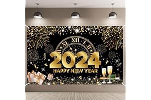 JGLAPI New Years Eve Decorations 2024, Extra Large Happy New Year Banner with String, 180x110CM Happy New Year Decorations 2024 Banner Black Gold Clock New Year Backdrop for Party Decorations Christmas