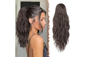 FESHFEN Queue de Cheval Extension avec Cordon Longue Brun Moyen Rajout Extensions de Cheveux Ondulées Synthétiques Postiche Bouclés pour Femmes, 45 cm