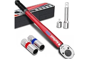 Aurlloct Llave Dinamométrica 3/8" 5-70 Nm, Llave Dinamométrica Set con Barra de Extensión de 75 mm, Enchufe de Bujíay 14 y 16 mm, Adaptadores 3/8"-1/2" Rojo