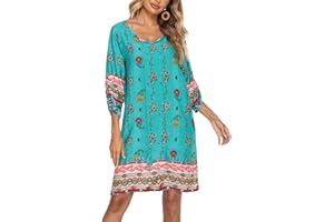 Beyove Damska tunika w stylu boho, sukienka plażowa, letnia sukienka w stylu vintage, tunika plażowa, rękaw 3/4, okrągły dekolt, wzór kwiatowy, krótki top