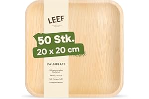 Leef 50x Palmblatt Teller eckig - Einweggeschirr kompostierbar und naturbelassen - 20 x 20 cm - umweltfreundlich - Geschirr Partygeschirr Einwegteller