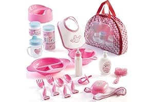 Prextex Ensemble d'Accessoires pour Poupée, Bébé/Enfant, Kit Débutant avec Sacoche de Transport à Fermeture Zippée et Dînette,Accessoires pour le Bain -18 pièces