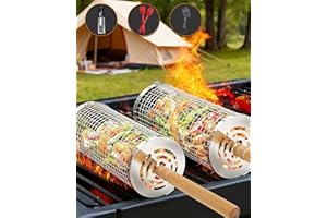 LROCOTANC Ensemble de paniers de grillage enroulable emboîtables 2 Paniers de barbecue cylindriques en acier inoxydable avec poignée en bois (30×10cm + 29×9cm) accessoires de barbecue pour légumes en extérieur