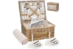 G GOOD GAIN Picknickkorb aus Weidenholz für 4 Personen,mit Großer Isolierter Kühltasche und Wasserdichter Picknickdecke,Picknickkoffer Picknick Set Korb,für Camping,Outdoor,Valentinstag,Weihnachten,Erntedankfest