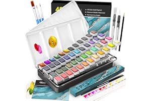 RATEL Set di colori ad acquerello, scatola acquerelli-48 pigmenti solidi+5 pennelli+20 carte +1Matita per acquerelli - solubili in acqua e facili da miscelare Set di colori ad acquerello