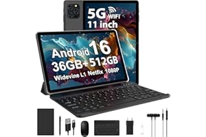 RUSHAR Tablet 11 Pollici Android 16 con 36GB RAM+512GB ROM (2TB TF), 5G/2.4G WiFi, Octa-Core 2.0GHz, 2000 * 1200, Widevine L1, 8000mAh, 13MP+8MP, GPS, Face ID, BT 5.0, Tablet con Tastiera, Nero