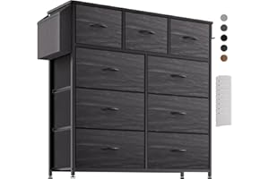 PURFINO Cassettiera in Tessuto - Cassettiere Stoffa con 9 Grandi Cassetti, Etichette, Tasca Laterale e Gancio per Soggiorno, Corridoio, Camera da Letto