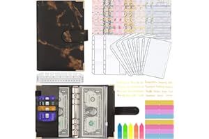 MARICATO Classeur Budget A6, 29 Pcs Enveloppe Budget, 6 Anneaux Classeur Budget avec Dégager Poches Zippées,Feuilles de Budget,Étiquettes et Catégorie Autocollants,Stockage Cartes,Règle, Marbre Noir