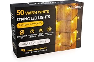 CHRISTOW Christmas Fairy Lights Battery Operated, Warm White LED String Lighting with Timer, Indoor & Outdoor, 8 Light Modes Flashing & Static, Green Cable (50 LED / 5m Lit Length)