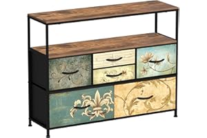 VEDECASA Comò con 6 cassetti in tessuto, tavolo da trucco in stile boemo, supporto TV per camera da letto, credenza con piano in legno, cassetti in tessuto e struttura in metallo per soggiorno, camera