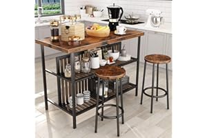 HOOSENG Breakfast Bar Table and Stools Set Kitchen Island with Seating, Space Saving Dining Table and Chairs Set 2 with Storage Shelves Small Kitchen Table (Rustic Brown)