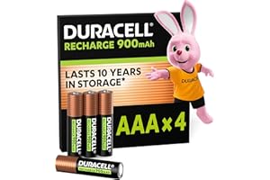 Duracell AAA Rechargeable Batteries (4 Pack), 900mAh NiMH, Pre-Charged, Our No.1 Rechargeable Batteries in Duration, with 0% Plastic 100% Recyclable Packaging