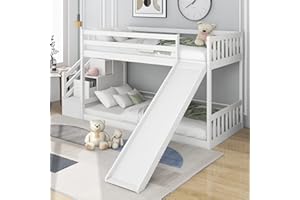 Azkoeesy 90x200 cm Etagenbett, mit Rutsche, Treppe und Handlauf, Stauraum, Rausfallschutz, Lattenrost, Kiefernholz Kinderbett Stockbett Spielbett für 2 Kinder, Junge und Mädchen, Weiß