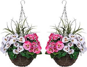 GreenBrokers Rattan 2 x cestini Rotondi da Appendere con petunie e Piante Decorative Viola Scuro e Bianche (Set da 2