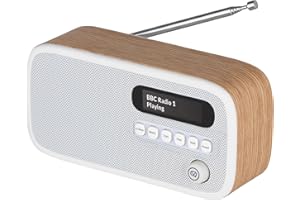 VQ Dexter Radio DAB Plus/DAB con FM, Altoparlanti Stereo da 3W e Schermo LCD - Alimentata da Rete e Batteria, Radiolina Portatile con 60 Preselezioni, Antenna e Presa Cuffie - Quercia