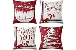 CAROMIO Federa per cuscino natalizio, confezione da 4 federe decorative in finto lino, colore rosso, per divano, soggiorno, letto, divano, auto, quadrato, 45 x 45 cm