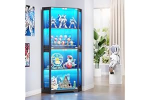 BROTTAR 4 Shelf Corner Display Cabinets with Glass Doors, 65" Tall Bookcase with Lights/Human Sensor, Display Case with Magnetic Lock for Storage for Living Room Office Bedroom, Black