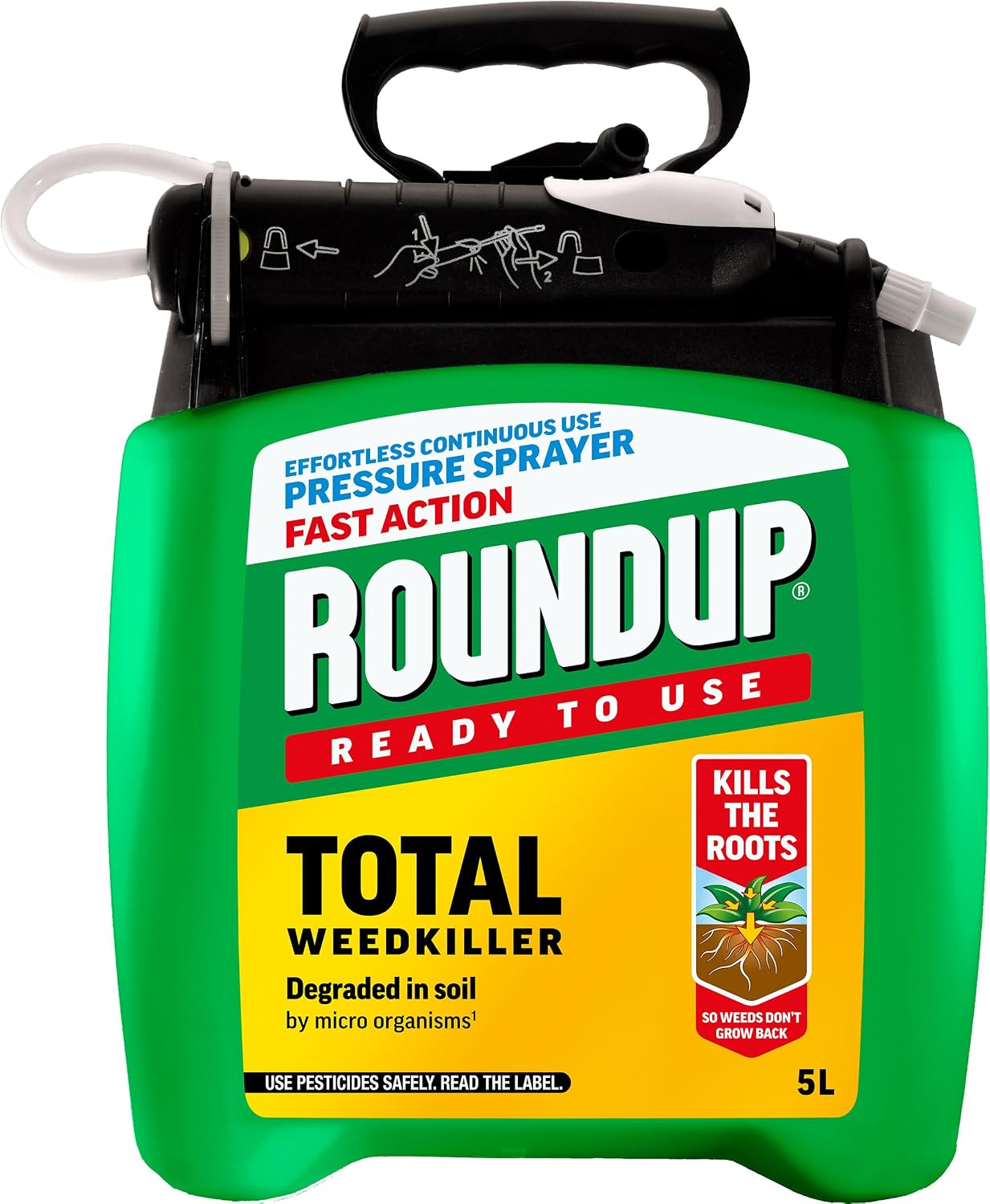 Roundup Fast Action Weedkiller Pump 'N Go Spray – 5L Ready-to-Use Glyphosate Formula – Kills Weeds & Roots with Visible Results in 1-2 Days – Refillable Pressure Sprayer with Extendable Lance